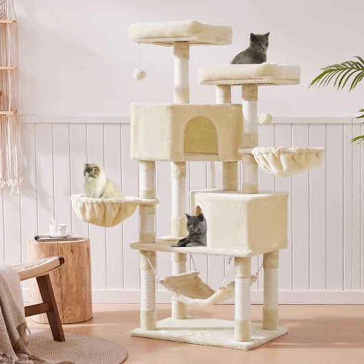 MSmask Stabiler Kratzbaum, großer Katzenbaum mit 2 Plattformen und großer Höhle, Sisalstämme, beige – Bild 2