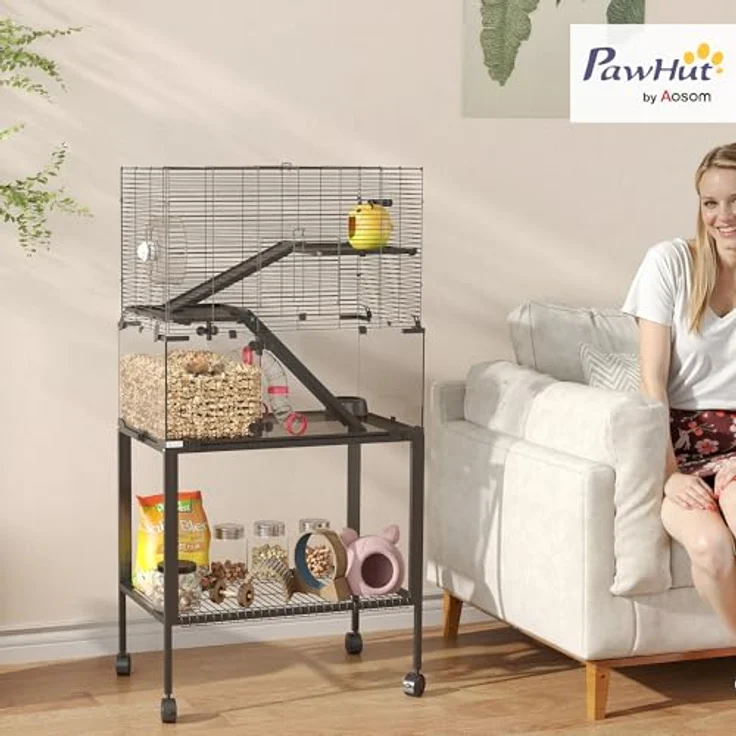 PawHut Hamsterkäfig 360°-Sicht, transparenter Nagerkäfig mit 3 Etagen, Röhrensystem, Hütte, Rampen und Rollen, 77 x 49 x 130,5 cm, Schwarz – Bild 2