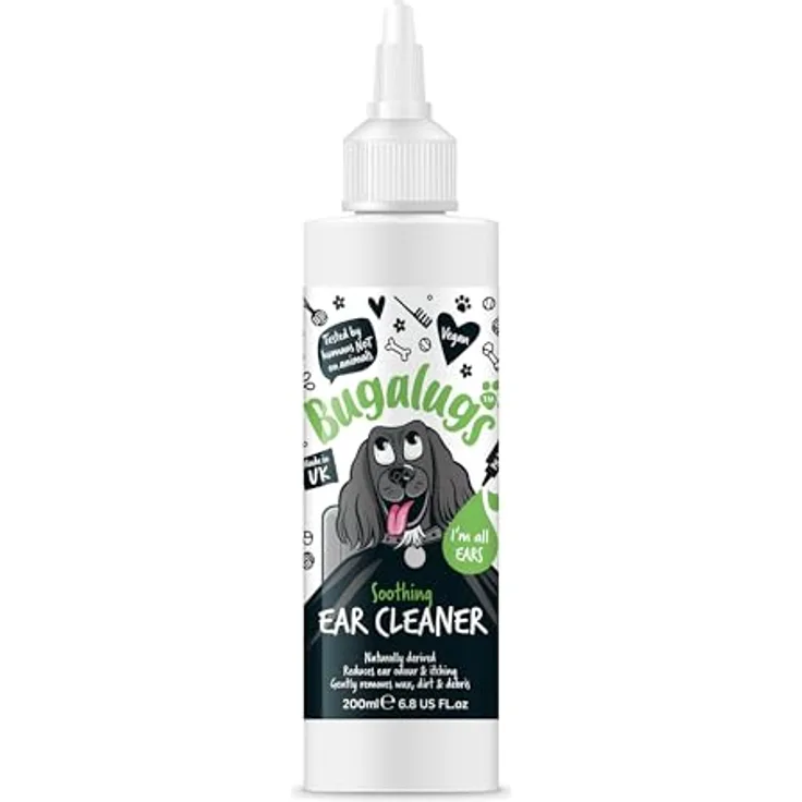 Bugalugs Hunde Ohrreiniger, beruhigende Flüssigkeit für saubere Ohren, 200 ml, 100% natürliche Inhaltsstoffe, für alle Haustiere