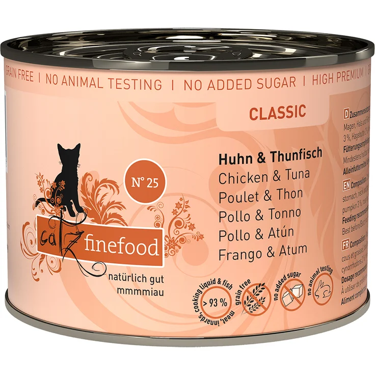 Catz Finefood Sparpaket 12 x 200 g, Katzen-Nassfutter mit Huhn & Thunfisch, ohne Getreide, hochverdaulich und gentechnikfrei