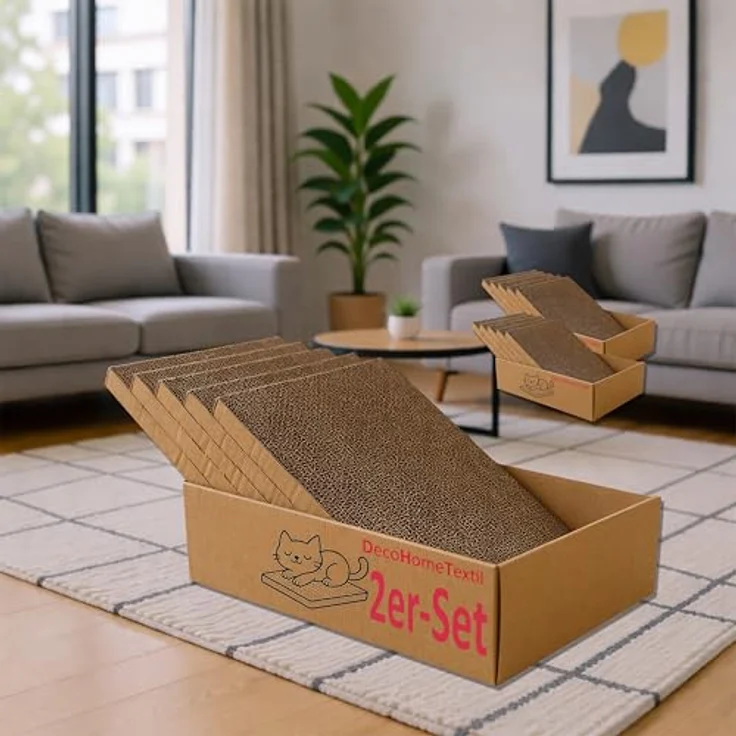 DecoHomeTextil Kratzbrett für Katzen, Krallen Kiste mit 2x 5er-Set beidseitiger Kratzpappe, 44 x 29,5 x 13 cm, für alle Katzenrassen geeignet – Bild 1