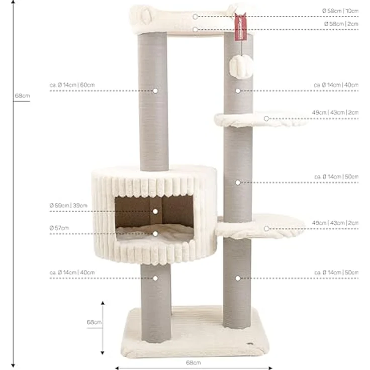 CanadianCat Company Kratzbaum Edward Beige, 158 cm hoch, Katzenbaum mit Höhle, Liegeplattform, Kratzsäulen und Spielzeug, 68 x 68 cm – Bild 2