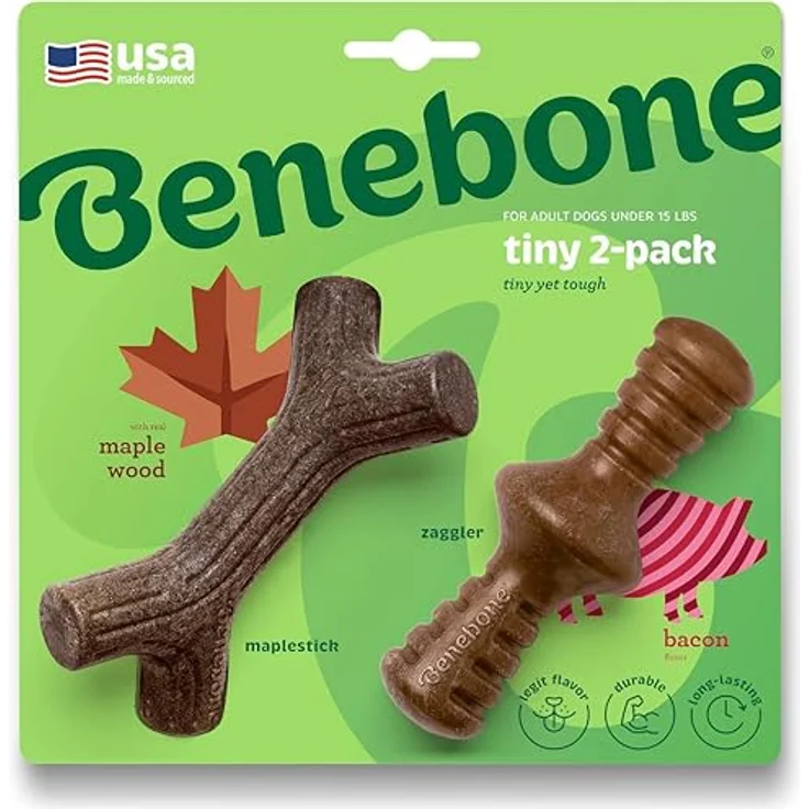 Benebone Winziger 2er-Pack unzerstörbarer Ahornstick/Zaggler, langlebig für aggressive Kauer, echter Speck- und Ahornholzgeschmack, für extra kleine Hunde bis 6,8 kg – Bild 1