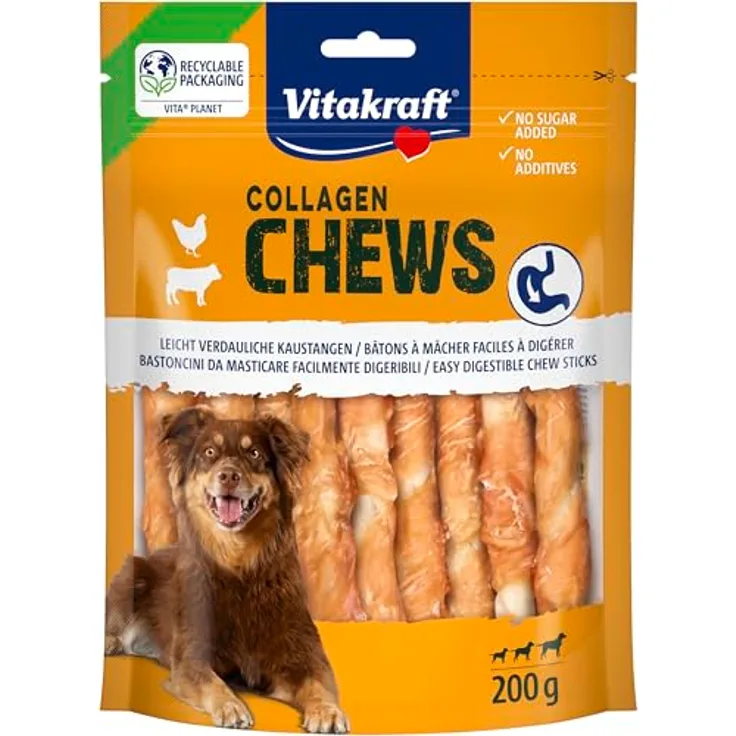 Vitakraft Chews Collagen Stick Chicken, leicht verdauliche Kaustangen für verdauungssensible Hunde, 200 g
