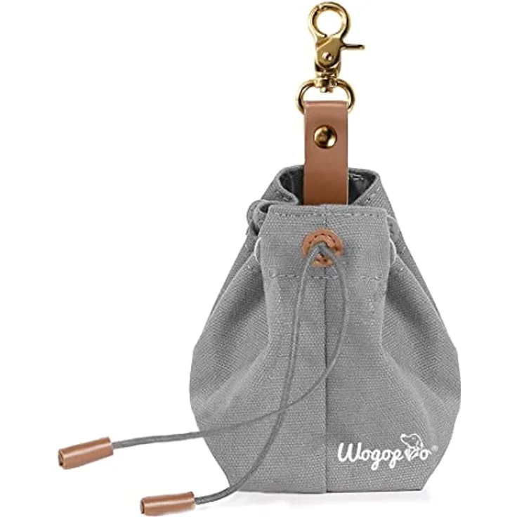 WOGOPRO Leckerlibeutel für Hunde, strapazierfähiger Canvas Hundefutterbeutel mit Clip und verstellbarem Kordelzug, grau