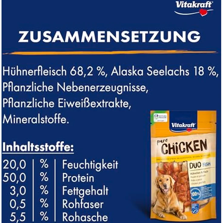 Vitakraft Pure Chicken Duo Fish, Hundeleckerli mit Hühnchen und Fisch, reich an Omega-3, ohne Zucker, 8 Beutel à 80g – Bild 4
