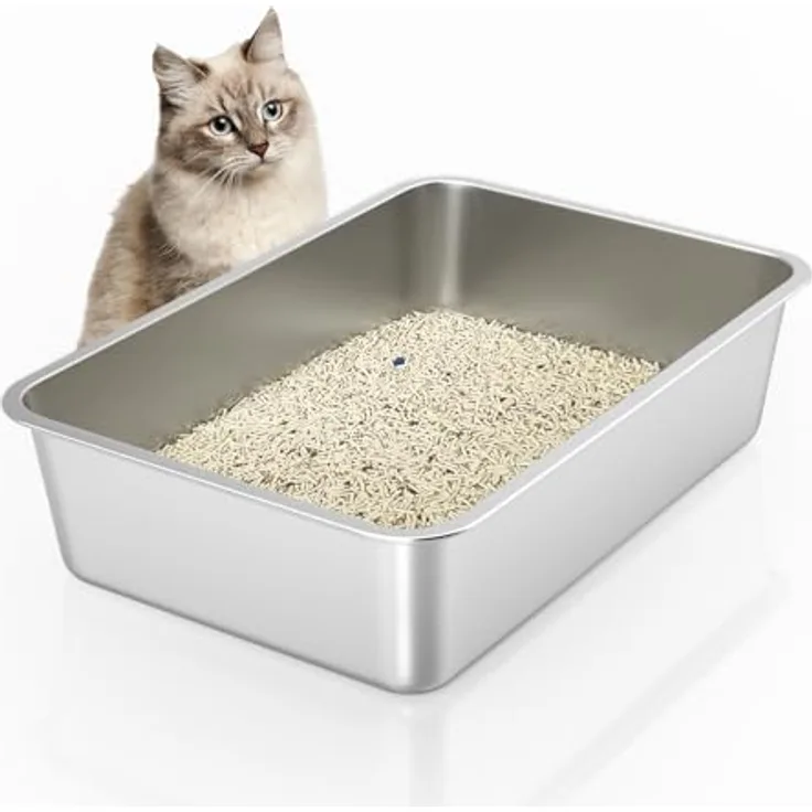 IKITCHEN Große Katzentoilette Edelstahl, Litter Box für Katzen und Kaninchen, 60×40×15cm, rostfrei, geruchsfrei, antihaftbeschichtet, rutschfester Gummiboden