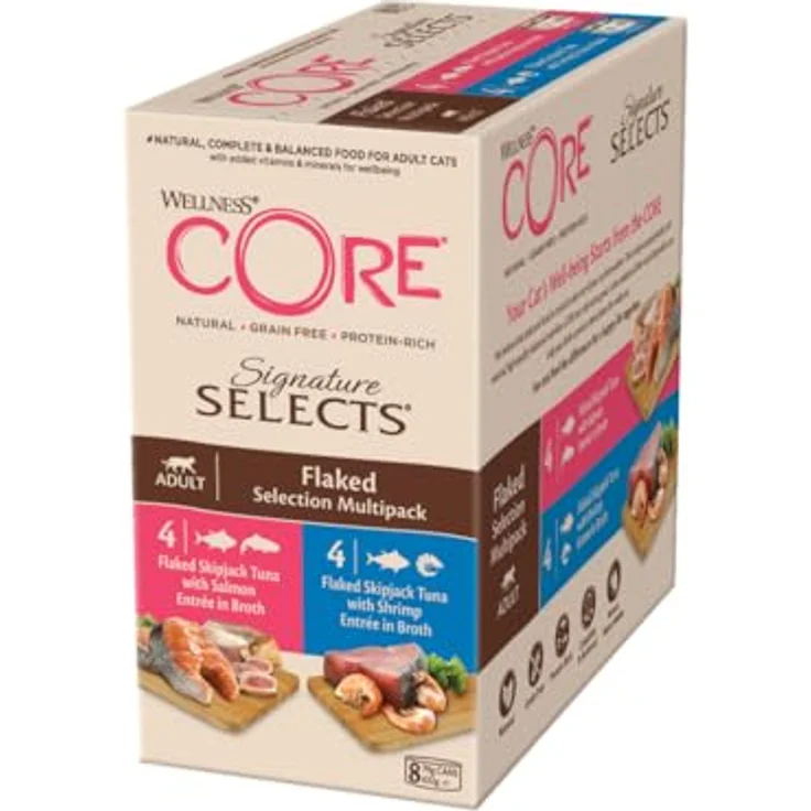 Wellness CORE Signature Selects Flaked Selection Mix, 8 x 79 g Nassfutter für Katzen in Brühe, getreidefrei, ohne Zuckerzusatz, hoher Fleischanteil, Thunfisch und Garnelen, Thunfisch und Lachs – Bild 1