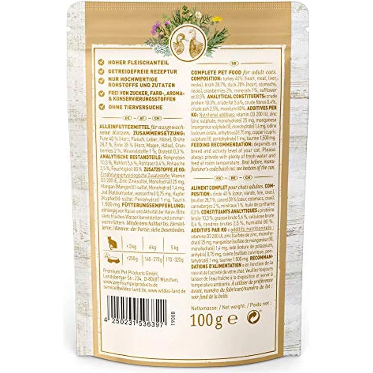 WILDES LAND – Ente & Pute | Nassfutter mit hohem Fleischanteil, getreidefreies Alleinfutter für ausgewachsene Katzen, 24x100g – Bild 2