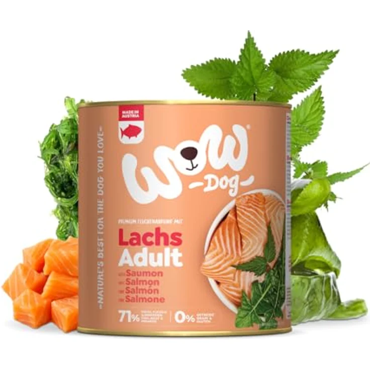 WOW Adult 6 x 800 g Lachs, Hundefutter mit hohem Fleischanteil, glutenfrei und ohne Zuckerzusatz, für alle Rassen – Bild 1