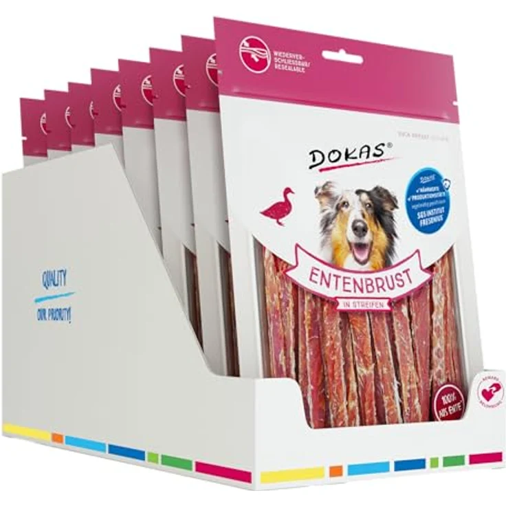 DOKAS Getreidefreier Premium Snack für Hunde, Entenbrustfilet in Streifen, 250 g (8er Pack) – fettarm, gluten- und sojafrei – Bild 2