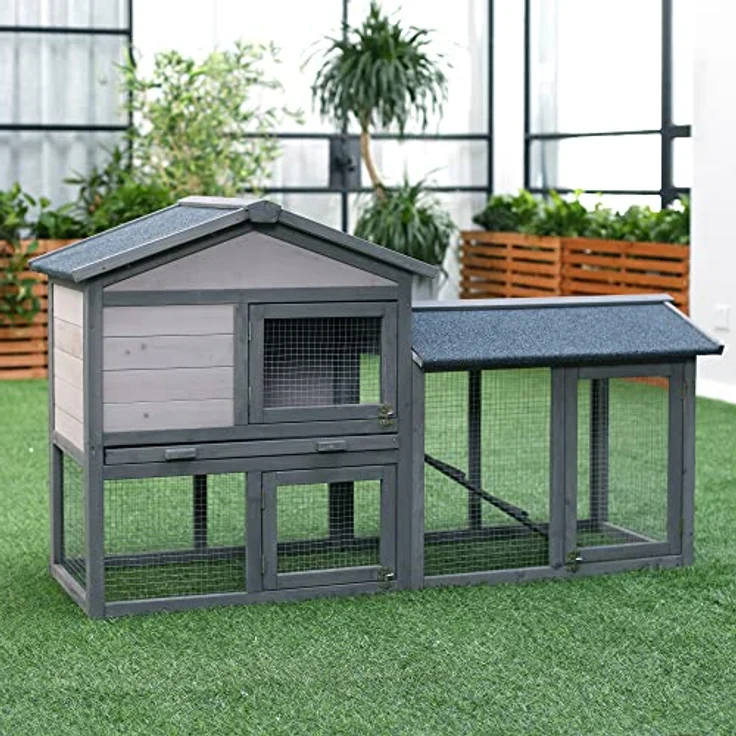 PawHut Kleintierstall Kaninchenhaus, wetterfestes Dach, leicht zu reinigen, grau & weiß – Bild 2