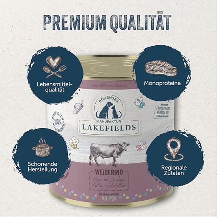 Lakefields Premium Welpenfutter Nass, Rind 61%, 6 x 400g, getreidefreies Hundefutter mit natürlichen Lebensmitteln, Äpfel, Zucchini & Karotten, schonend gegart – Bild 2
