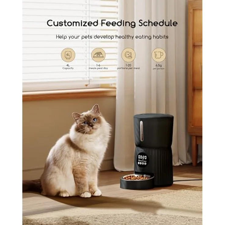 Faroro Futterautomat Katze 4L, Automatischer Futterspender mit 10-Sekunden-Sprachnachricht, Transparentes Design für Katzen und kleine Hunde – Bild 2