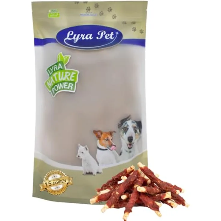 Lyra Pet® Kaurollen mit Entenbruststreifen, 1 kg, proteinreicher zahnreinigender Kausnack für Hunde, fettarm und gut bekömmlich, wiederverschließbar