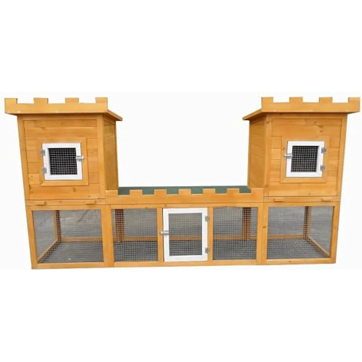 Mucola Kaninchenstall Schloss XXL 192x50x100 cm, Holz 2 Etagen mit Freilauf, witterungsbeständig, leicht zu reinigen, hellbraun – Bild 4