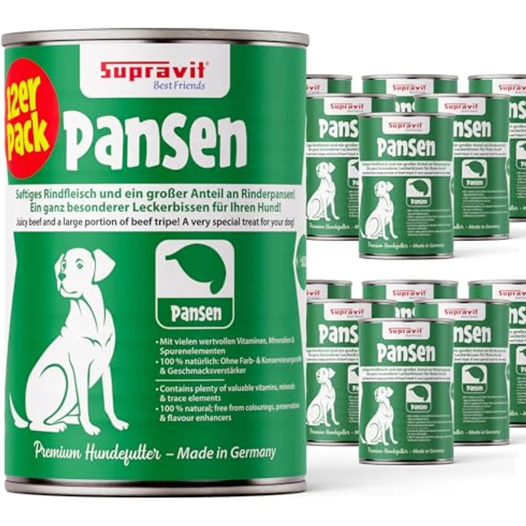 Supravit Premium Hundefutter Nass, 100% Fleisch mit Pansen, getreidefrei, Set mit 12 x 410g Dosen – Bild 1
