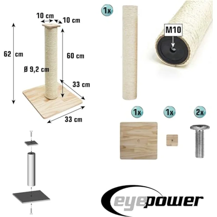 Eyepower 62cm Sisal Kratzsäule für Katzen mit stabiler Bambus Bodenplatte, kompakt und ideal für kleine Räume – Bild 4