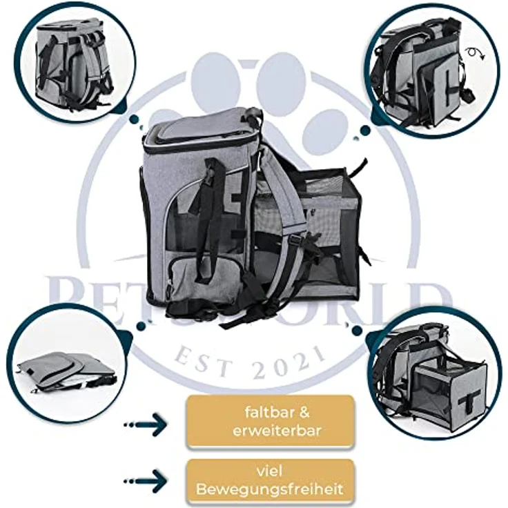 PETSWORLD EST 2021 Faltbarer Hunde-Transportbox Hunderucksack bis 8,5 kg, atmungsaktiv mit Mesh, ergonomisch gepolstert, mit Seitentaschen & Zubehör – Bild 5
