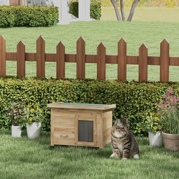PawHut Katzenhaus aus Holz, winterfest und wasserdicht mit Asphaltdach, Fenster und Türvorhang, erhöhte Katzenhöhle für Outdoor mit Maße 57 x 45 x 43 cm, gelb – Bild 2