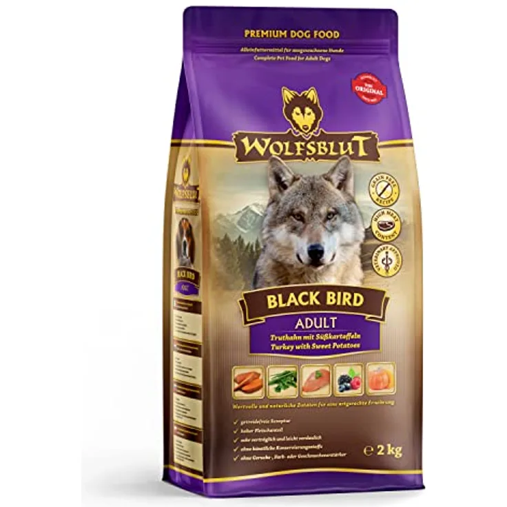 Wolfsblut Black Bird Adult, 2 kg Trockenfutter mit Truthahn, getreidefrei und ohne Gluten, für allergiegefährdete Hunde