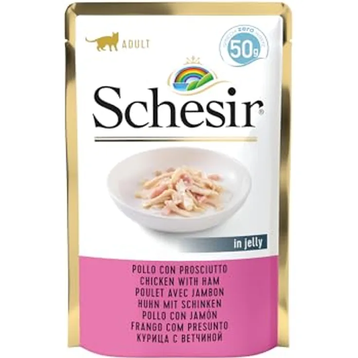 Schesir Cat Jelly, Feuchtnahrung für erwachsene Katzen mit Hähnchen und Schinken in Gelee, 30 Beutel à 50 g, 100% natürliche Zutaten, ohne Tierversuche