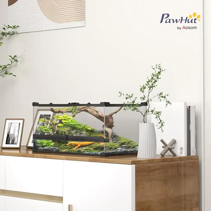PawHut Terrarium mit Frontbelüftung, ausbruchsicherem Drehverschluss, 360°-Rundumsicht, schwarz, 50L x 30B x 25H cm – Bild 2