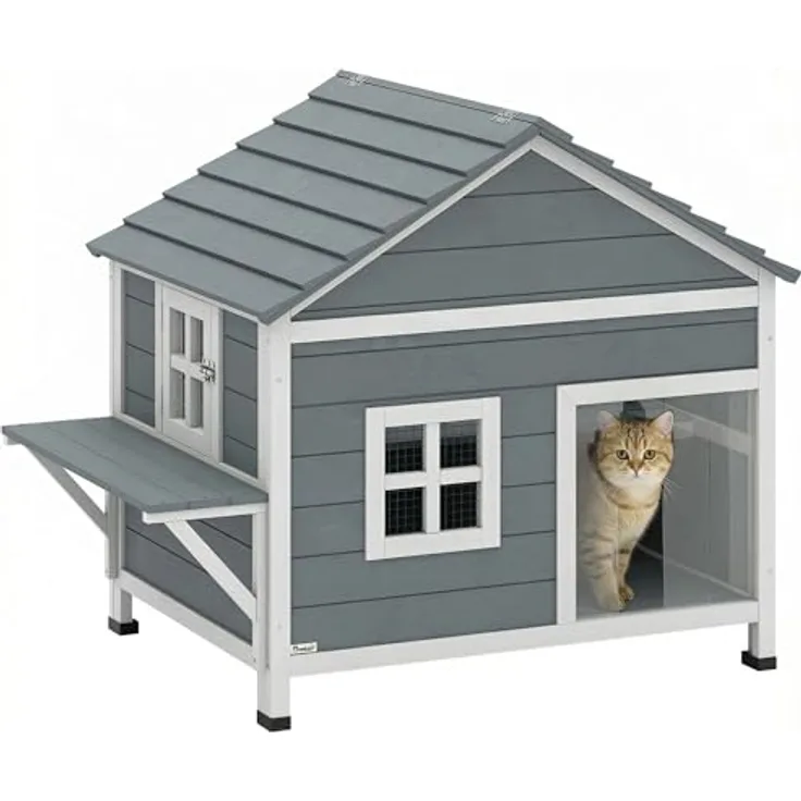 PawHut 2-Etagen Katzenhaus aus Holz, Outdoor Katzenhöhle mit wasserdicht aufklappbarem Dach, erhöhter Basis und seitlicher Plattform, für 1-2 Katzen bis 5 kg, Grau, 101x72,5x81 cm