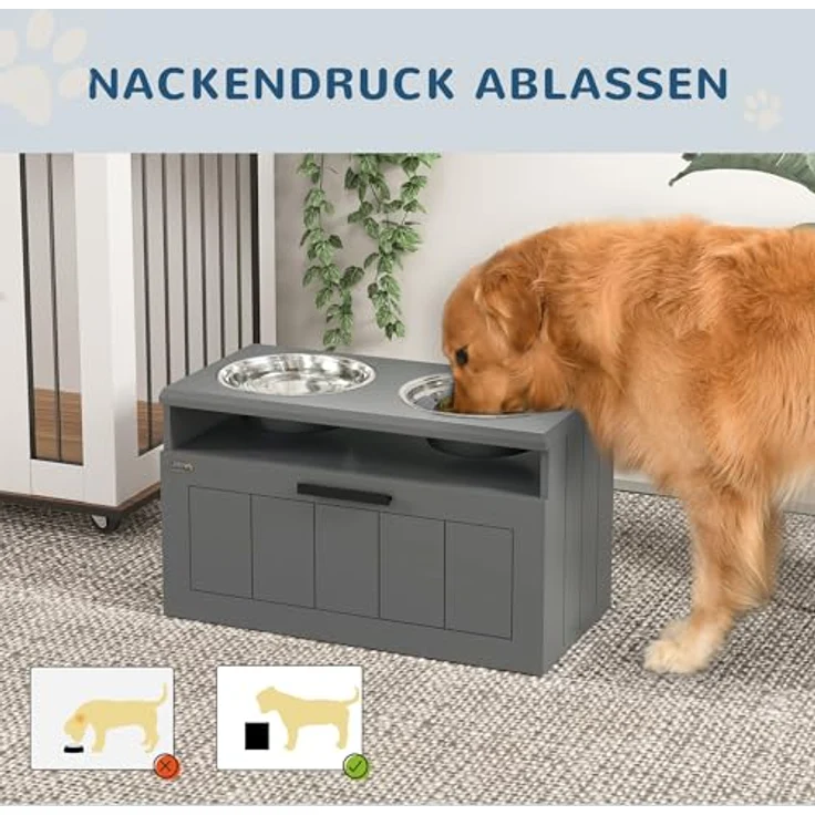 PawHut Futternapf Erhöhte Futterstation mit 2 Edelstahlschüsseln, Anti-Schling-Matte, Edelstahl, für große und extra große Hunde, Grau – Bild 5