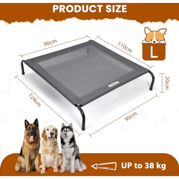 Nobleza Hundeliege Outdoor, Erhöhtes Hundebett für Draußen, Kühlendes und Waschbares Haustierbett, Grau, L, 124x90x20CM – Bild 2