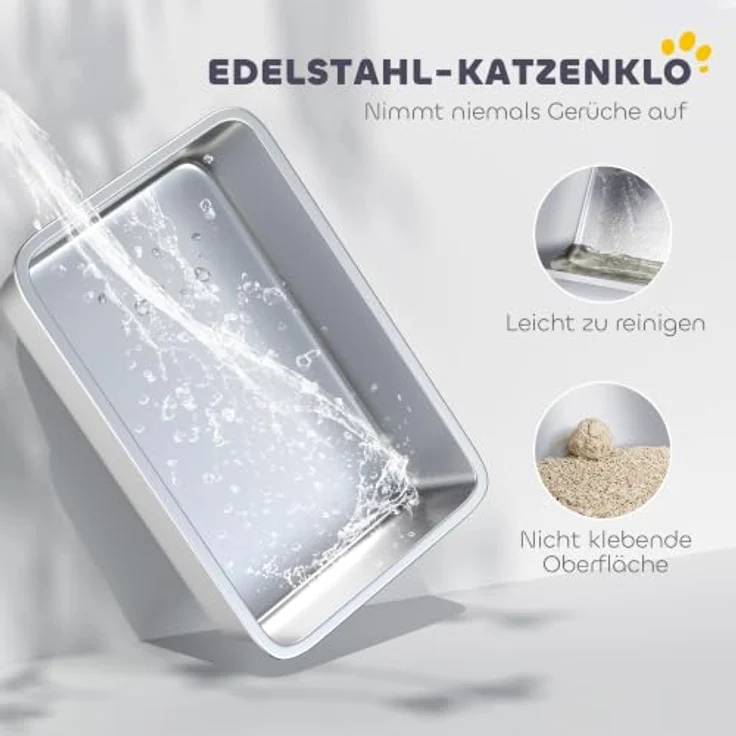 PawHut Offene Katzenklo Edelstahl, hohe Wände, für große Katzen bis 12 kg, grau, 69,8 x 50,3 x 29,8 cm – Bild 3