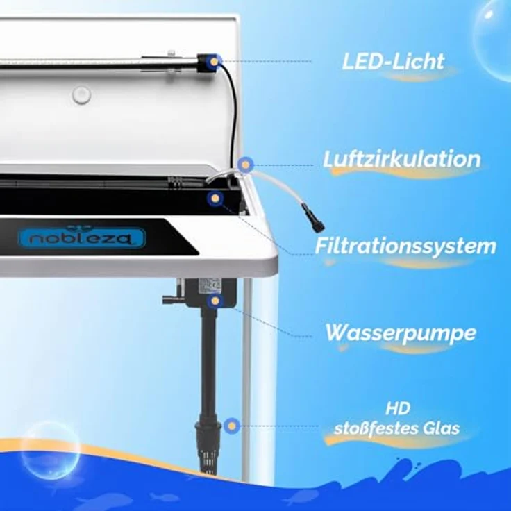 Nobleza Glas 30L Mini Aquarium Komplettset, Nano Aquarium mit LED-Beleuchtung und eingebautem Filtersystem, Weiß – Bild 3