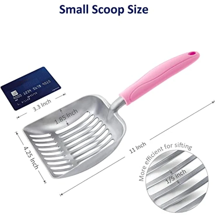 WePet Katzenstreuschaufel, Aluminiumlegierung, tiefe Kotsieb mit langem Griff, rosa, 28 cm x 11 cm x 4 cm, langlebig und robust – Bild 2