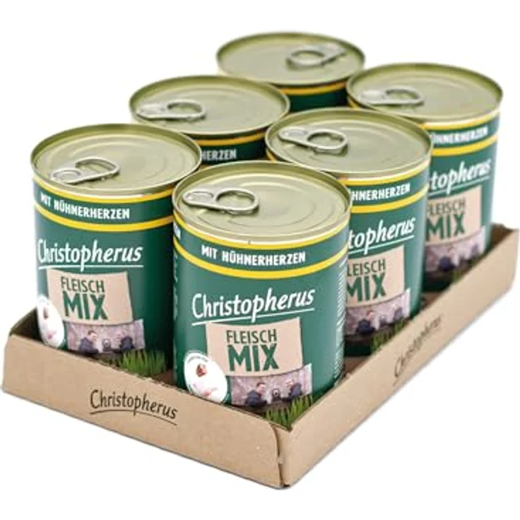 Christopherus Fleischmix mit Hühnerherzen, Getreidefreies Nassfutter für Hunde, 6 x 400 g – Bild 1
