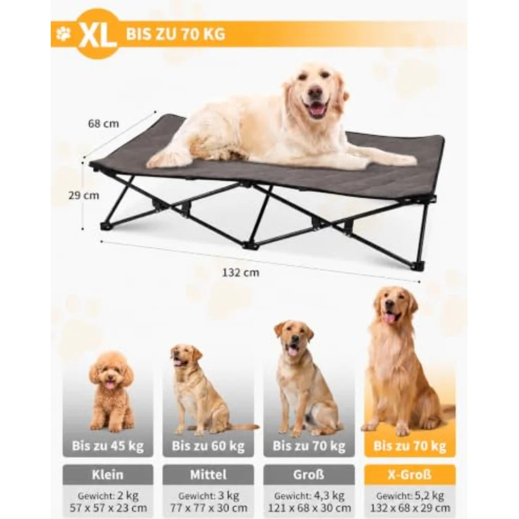 KingCamp Erhöhtes Hundebett, Outdoor-Hundeliege mit atmungsaktivem Mesh, Wildledermatte und rutschfesten Füßen, 132 x 68 x 29 cm, Schwarz – Bild 2