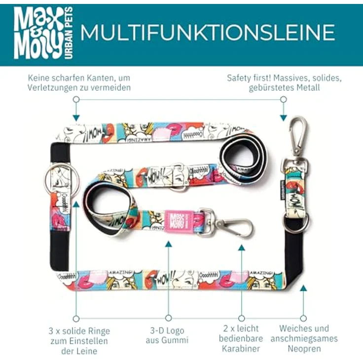 Max & Molly Multifunktions Hundeleine, 2m mit 2 Karabinern, gepolstert, Cherry Bloom, sicher & flexibel, 7 Funktionen – Bild 4
