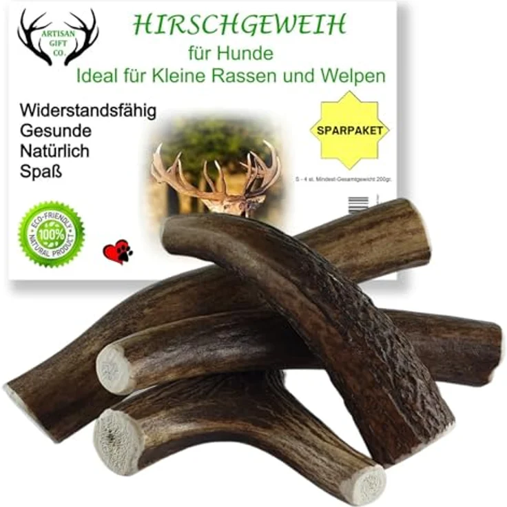 ARTISAN GIFT CO Hirschgeweih für Hunde, Natürlicher Kauknochen für Welpen und Hunde, S - 4 Stück, Langlebig, kalorienarm und fettfrei – Bild 1