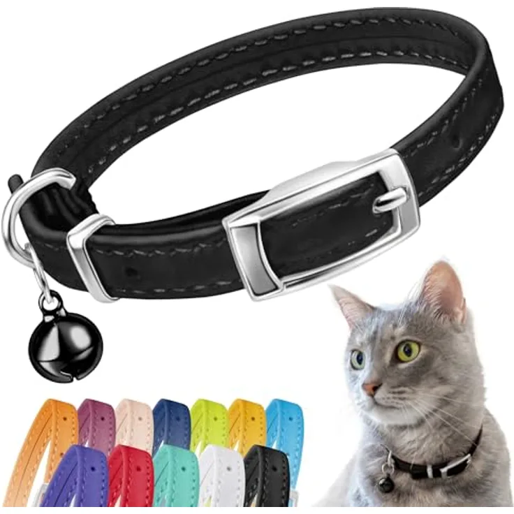 CollarDirect Leder Katzenhalsband mit Sicherheitsverschluss und Glocke, 21,5 cm, Schwarz, handgefertigt aus echtem Leder