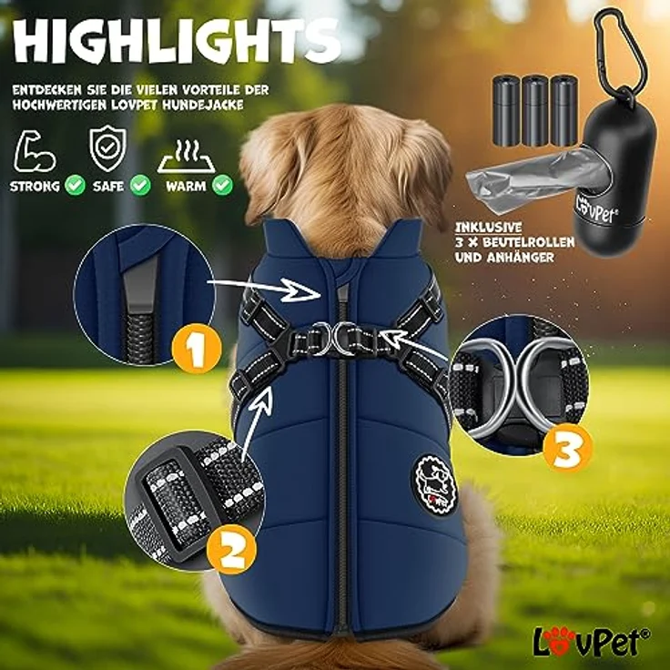 LOVPET® Hundejacke mit Geschirr, gefütterte und wasserdichte Winterweste 5XL in Navyblau, inkl. 45 Kotbeutel + Spender, gepolstert mit Reflexion und D-Ring – Bild 4
