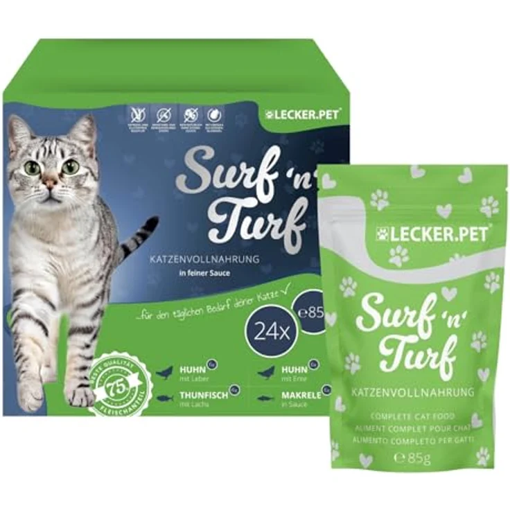 Lyra Pet Lecker.Pet® 24 x 85 g Surf'n'Turf Pouches Katzenfutter in feiner Sauce, 4 Sorten Multipack, Getreidefrei & glutenfrei, Hochwertiges Nassfutter, Reich an Proteinen & Mineralien – Bild 1