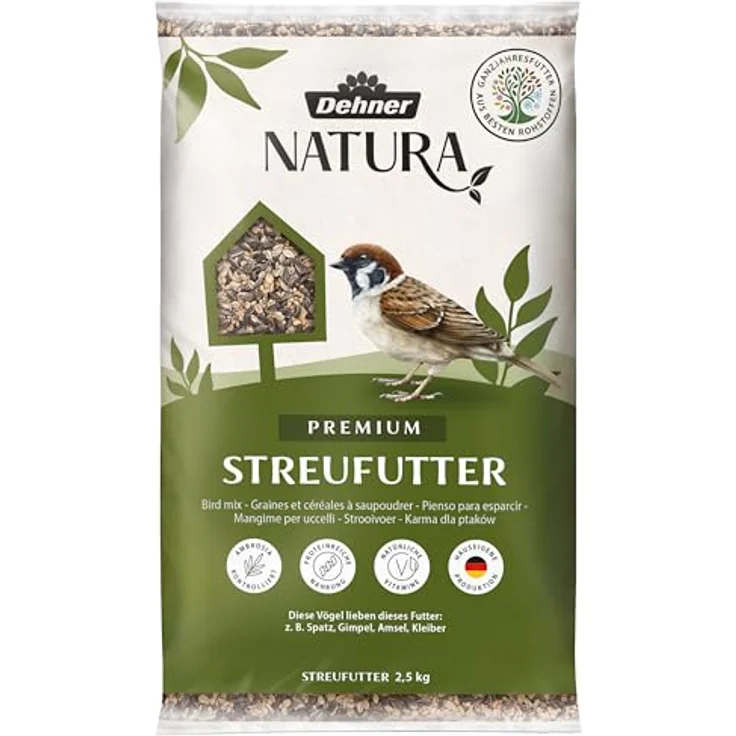 Dehner Natura Premium Wildvogelfutter, proteinreiches Streufutter für Wildvögel, 2.5 kg, ganzjährig nutzbar, ohne Zusätze – Bild 1