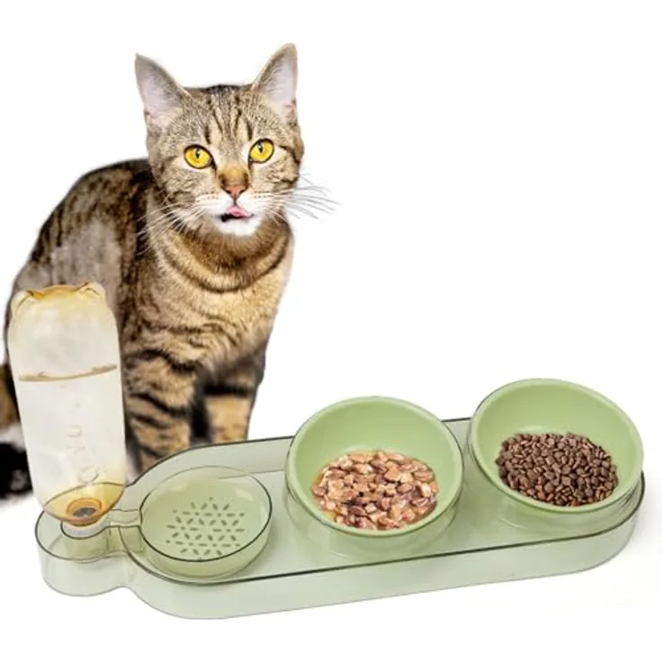 CATOBEL Katzen Futternapf Dinner Station, 3-in-1 Futterbar mit 2 Näpfen und 500ml Wasserspender für Katzen und kleine Hunde, grün