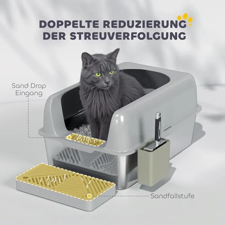 PawHut Edelstahl-Katzentoilette mit Schaufel, für Katzen unter 4,5 kg, Indoor, Hellgrau – Bild 6