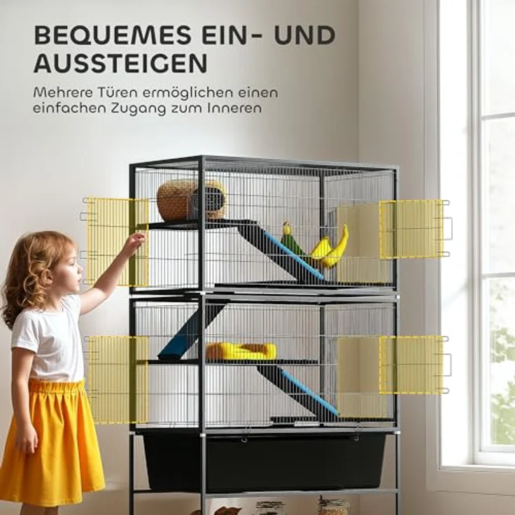 PawHut Kleintierkäfig, 5-stöckiger Nagerkäfig mit ausziehbarem Tablett, Rampen, Hängematte und Rollen, Dunkelgrau – Bild 5