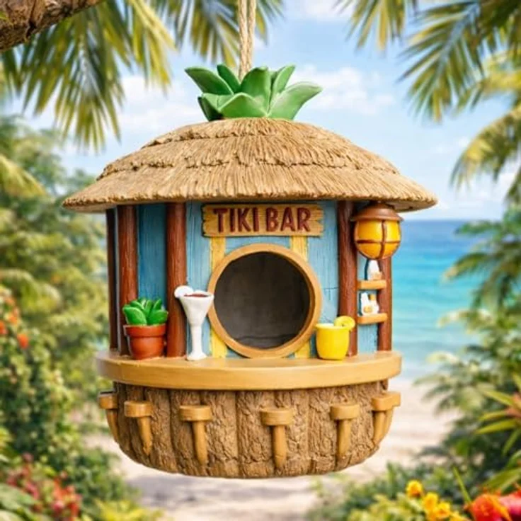 MikaMax Tiki Bar Vogelhaus, Hängendes Vogelhaus für kleine Vögel, wetterfest und tropische Gartendeko, 19 x 17 cm – Bild 5