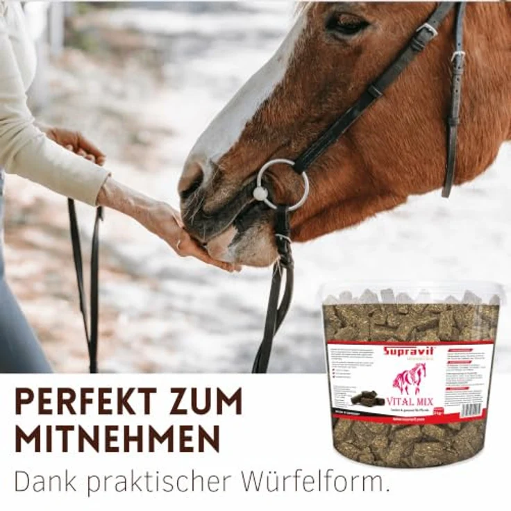 Supravit Vitalmix Pferdeleckerli, 3kg Eimer mit fermentierten Getreideflocken, Karotte, Banane & Ingwer, mit Vitamin E & B-Vitaminen – Bild 5
