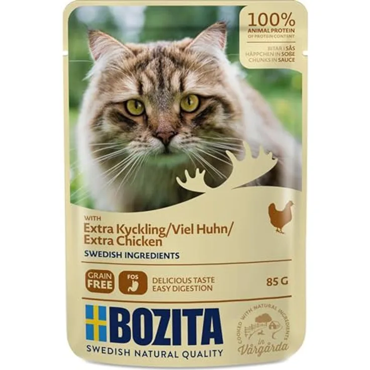 Bozita Häppchen in Soße mit viel Hühnchen, 12 x 85 g, getreidefreies Nassfutter für Katzen, 100% schwedische Zutaten, im Pouchbeutel