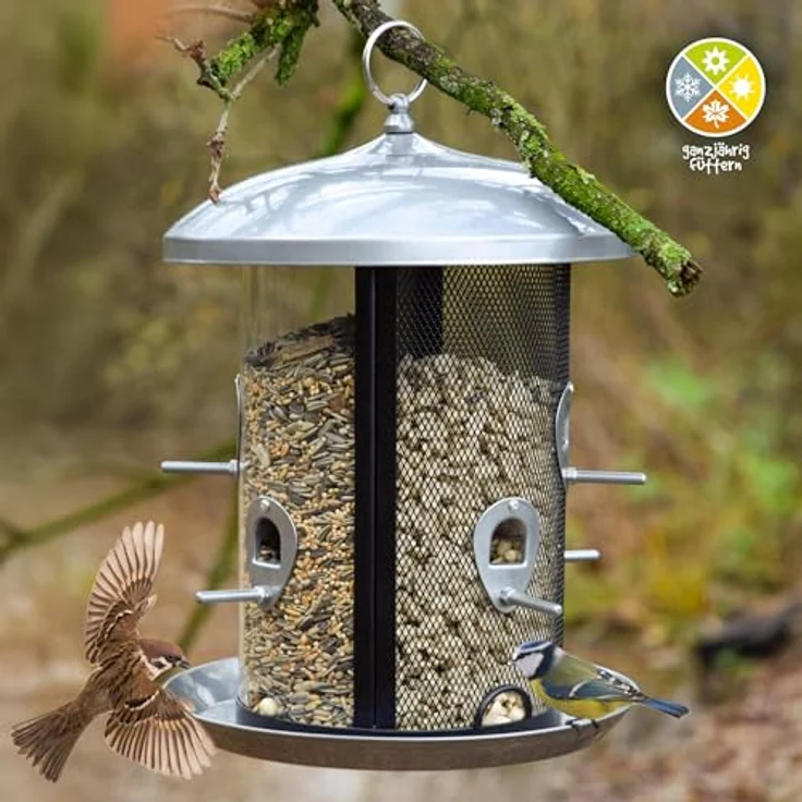 Dobar 19981 Große Futtersäule mit Kammern und Anflugstangen, Wildvogel-Futterstation zum Aufhängen, 24,5 24,5 34,5 cm, Metall, Silber – Bild 5