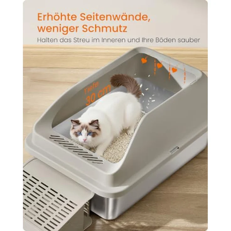 Feandrea Katzenklo Edelstahl XXL, Offene Katzentoilette mit Hohem Rand, Treppe und Schaufel, 28L Fassungsvermögen – Bild 4