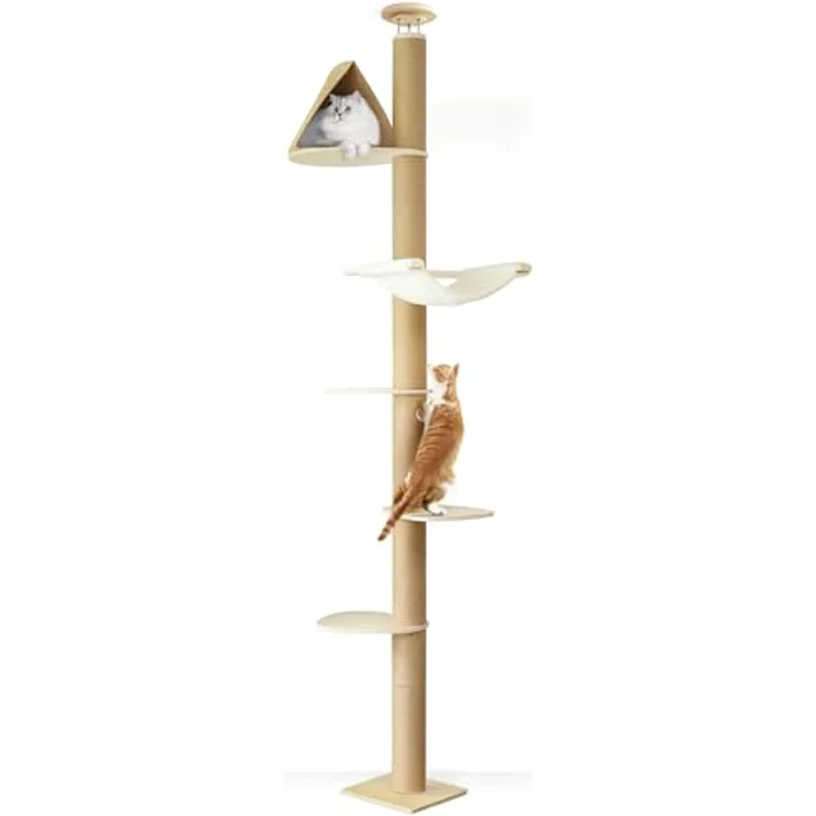 FUKUMARU Kratzbaum 6 Etagen, bis zur Decke reichender Katzenbaum (282-305cm), wandmontiert, aus Gummibaumholz, mit Katzenversteck-Zelt und Hängematte, beige – Bild 1